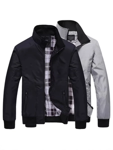 Men Casual Stand Collar Jacket Windproof Polyester Bomber Coat With Plaid Lining Ribbed Trim Outerwear For Spring Autumn