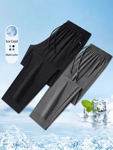 Men's cooling ice silk casual pants with elastic drawstring waist and zipper pockets