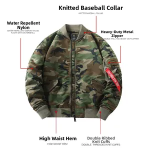 Detail of MA-1 camouflage bomber jacket with heavy metal zipper and sleeve utility pocket
