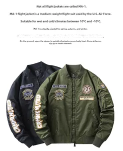 Detail of MA-1 flight jacket with embroidered patches and functional utility arm pocket