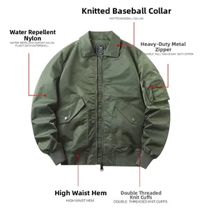 Detailed view of olive green bomber jacket with metal zipper and DuPont nylon fabric