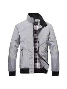 Men's light grey casual work jacket with stand collar and black-white plaid lining detail