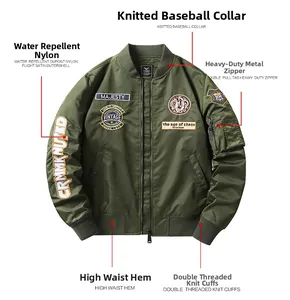 Detailed view of MA-1 bomber jacket featuring dragon embroidery and flight nylon fabric