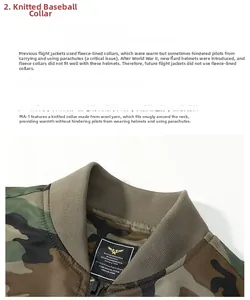 Detail showing the ribbed knit baseball collar and military woodland camo of the MA-1 jacket