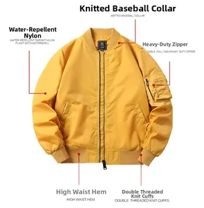 Detail of yellow MA1 flight jacket featuring heavy metal zippers and ribbed knit cuffs