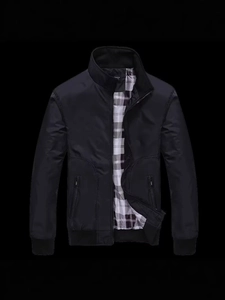 Men's casual black workwear jacket with stand collar and classic plaid lining