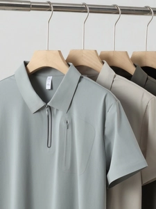 Men's Quick Dry Ice Satin Polo Shirt Nylon Spandex Zipper Collar Hidden Pocket Casual Business Top Short Sleeve Cooling Shirt