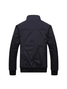 Men's Japanese workwear jacket in black with ribbed cuffs and stand collar, back view