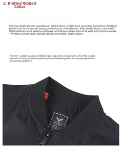 Detail of the MA-1 bomber jacket ribbed collar and metal zipper with orange lining