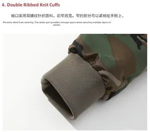 Detailed macro view of the camouflage jacket featuring windproof double rib knit cuffs