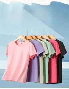 Close-up of crew neck ice silk t-shirts in multiple colors with reinforced collar tape