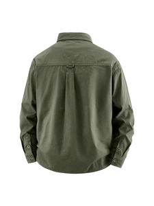 Back view of army green long sleeve cotton work shirt with back pleat design