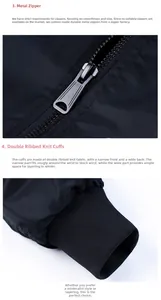 Détail de la fermeture éclair en métal et des poignets coupe-vent sur veste d'aviateur
