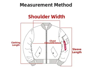 Size chart showing measurement methods for men's camo bomber jacket dimensions
