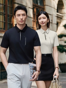 Matching men's black and women's beige summer polo shirts with vertical zipper pockets