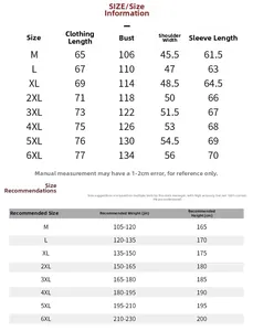 Size chart for camo bomber jacket with chest and length measurements from M to 6XL