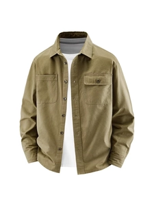 Men's washed cotton long-sleeve casual utility cargo shirt in olive green with chest pockets