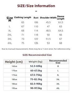 Tableau des tailles détaillé pour blouson aviateur homme, mesures de M à 4XL en cm