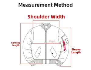 Size guide diagram showing shoulder, chest, length, and sleeve measurements for bomber jacket