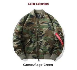 Close-up of camo bomber jacket sleeve featuring utility pocket and red flight tag