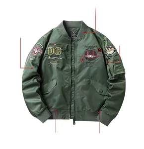 Detail of military green MA-1 bomber jacket with waterproof DuPont nylon and patches
