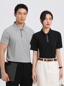 Men's casual short sleeve polo shirt with zipper placket and functional chest pocket