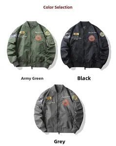 Détails des blousons bombers MA-1 en vert armée, noir et gris avec broderies de qualité
