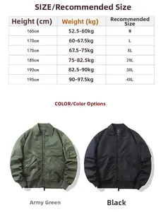 Size chart for green and black bomber jacket with detailed height and weight measurements