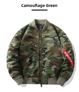 Detail of MA-1 camo bomber jacket featuring iconic red flight tag on the sleeve pocket