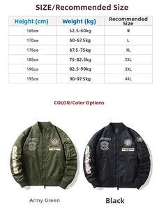 Detailed size chart for men's MA1 bomber jacket with dragon embroidery and fit guide
