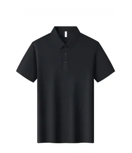 Detailed view of black ice silk polo shirt featuring a classic polo collar and three buttons