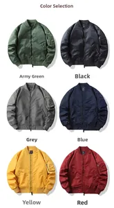 Detailed MA-1 flight jacket color options including army green, black, blue, and red