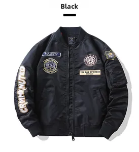 Detail of vintage embroidered badges on black bomber jacket with tactical sleeve pocket