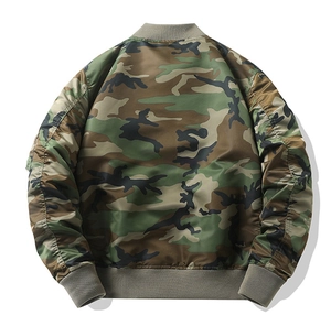 Rear view detail of camo bomber jacket with ribbed cuffs and windproof nylon texture