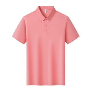 Close-up of pink ice silk polo shirt featuring a classic collar and breathable pique texture