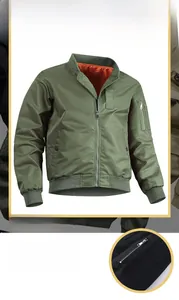 Detail of army green bomber jacket with ribbed cuffs and sleeve utility pocket