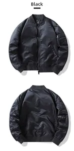Front and back view of a black MA-1 flight jacket with ribbed trims and utility sleeve pocket