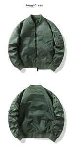 Front and back view of army green nylon bomber jacket with ribbed collar and utility pocket
