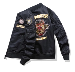 Detail of MA-1 bomber jacket with intricate dragon embroidery and sleeve zipper pocket