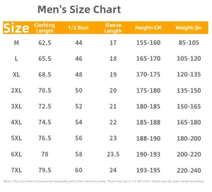 Size chart for men's modal t-shirt covering sizes M to 7XL with detailed measurements
