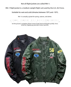 Detailed view of MA-1 bomber jacket embroidery patches on windproof nylon fabric