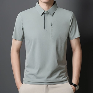 Men's pale green cooling polo shirt with vertical zipper pocket and slim fit design