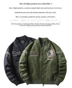 Détail du blouson aviateur MA-1 brodé avec écusson indien et poignets en maille côtelée