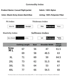 Size chart for casual bomber jacket with detailed chest and shoulder measurements