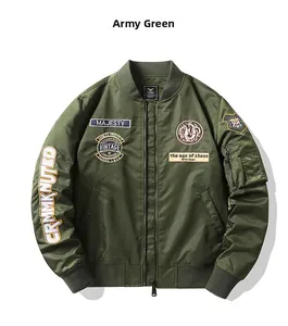 Detailed embroidery and zipper pocket on green MA1 bomber jacket with vintage patches