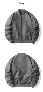 Front and back view of grey MA-1 bomber jacket with windproof nylon and sleeve utility pocket