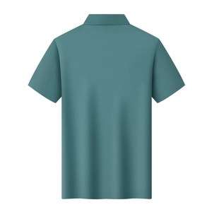 Flat lay back view of high-quality dark teal polo shirt showing breathable mesh fabric texture