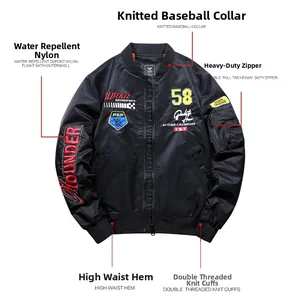 Detail showing the heavy-duty metal zipper and embroidered patches on black bomber jacket