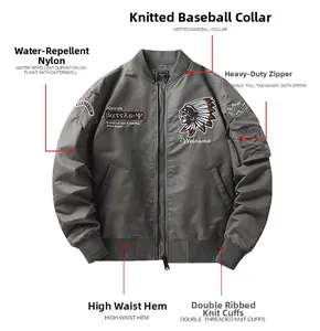 Détail du blouson aviateur MA-1 montrant le nylon imperméable et le zip métallique lourd