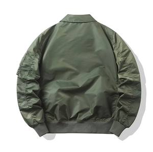 Flat lay back view of olive green flight bomber jacket with ribbed knit cuffs and hem